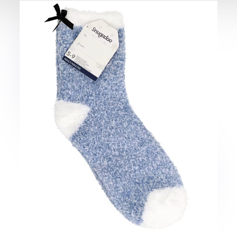 #x414 Snugadoo Plush Ankle Socks with Bow Blue Marled & White Fluffy Fuzzy Cabin
